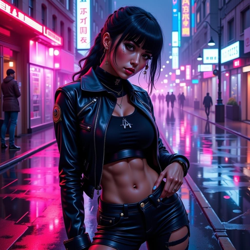 Cyberpunk Femme Fatale in Rainy Cityscape