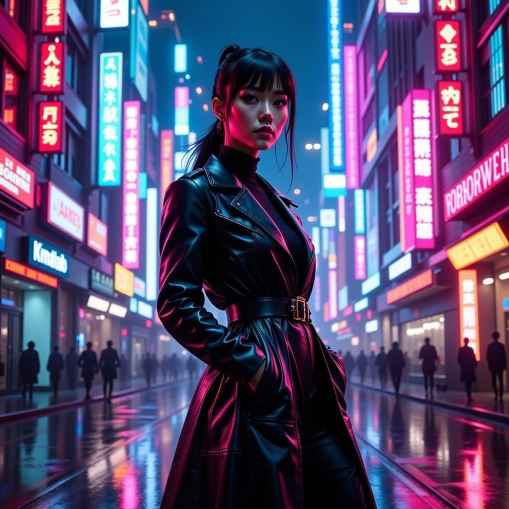 Cyberpunk Woman in Rainy City with Glitch Effect