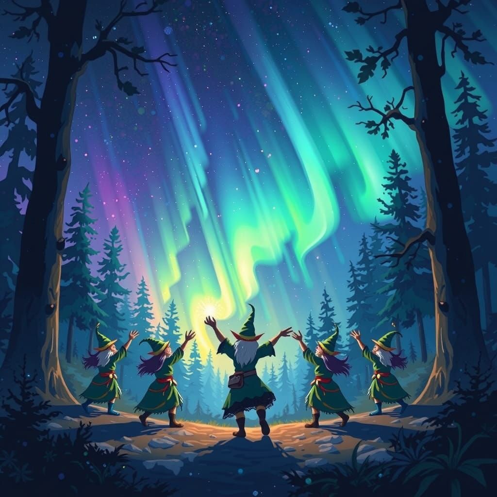 Goblin Dances Under Celestial Aurora in Enchanted Forest