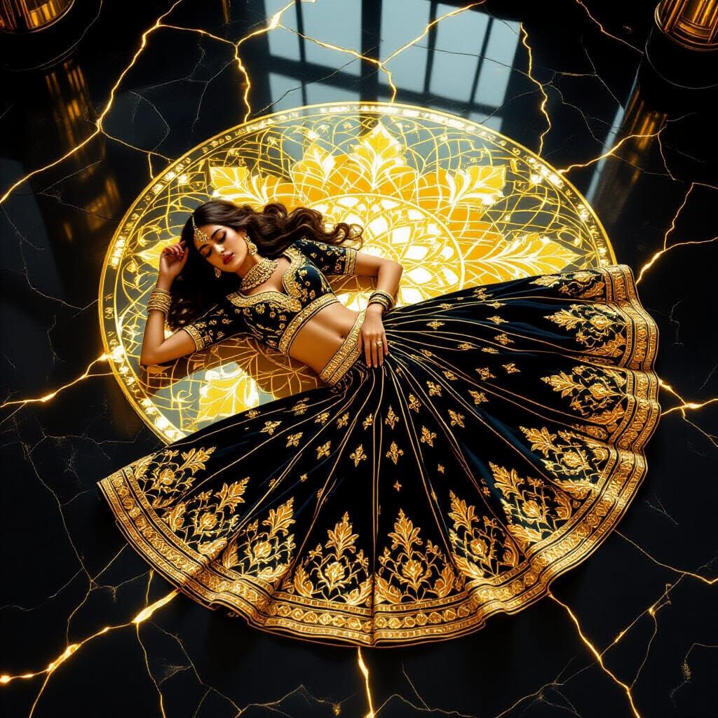 Model in Elaborate Lehenga on Golden Cracked Tile
