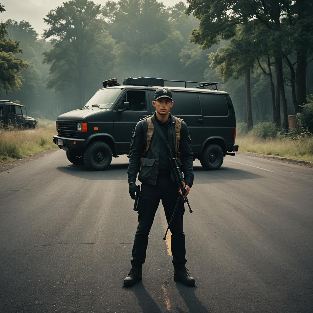 Man with Sniper Rifle in Cinematic Film Still