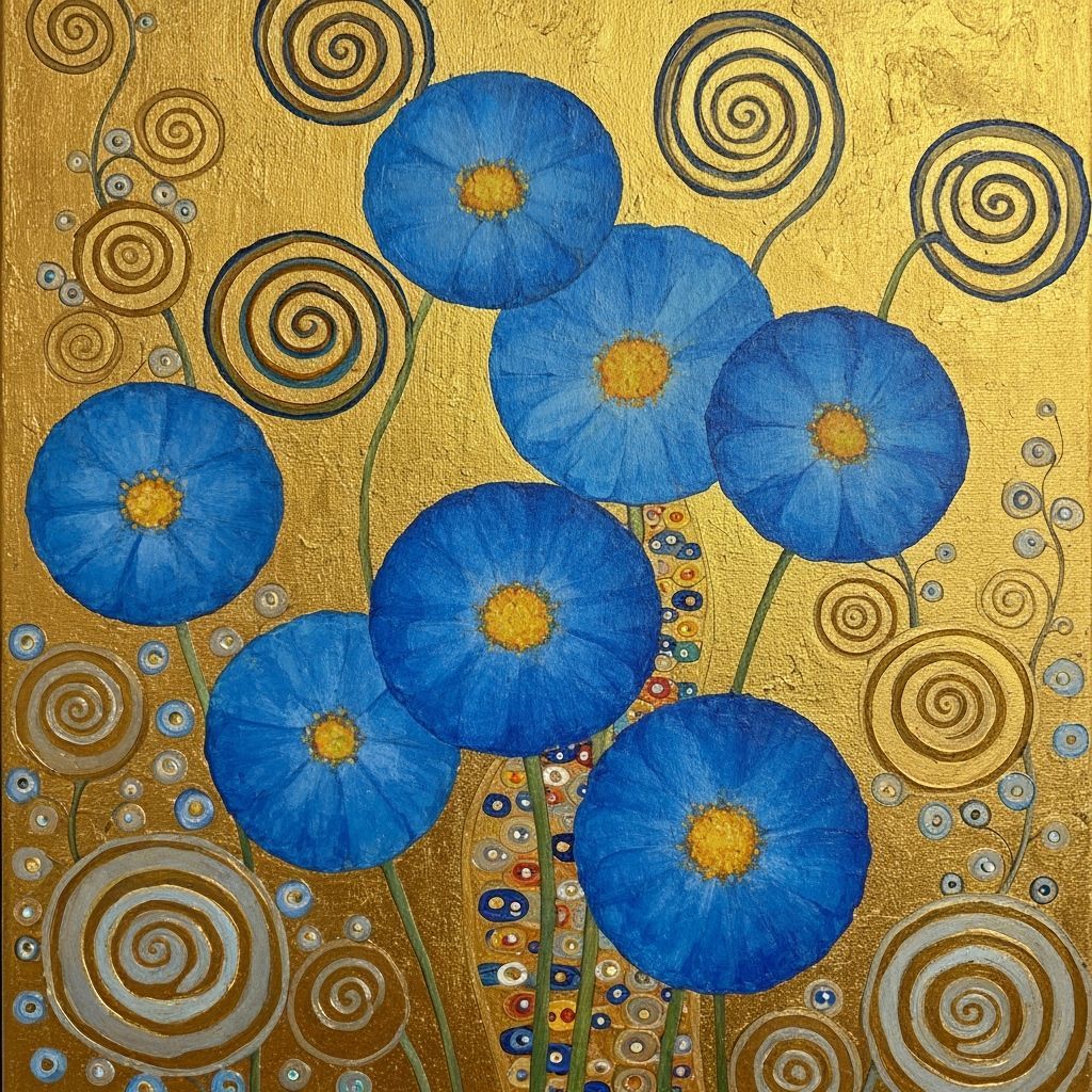Gouache Painting of Blue Flowers with Klimt Swirls on Gold