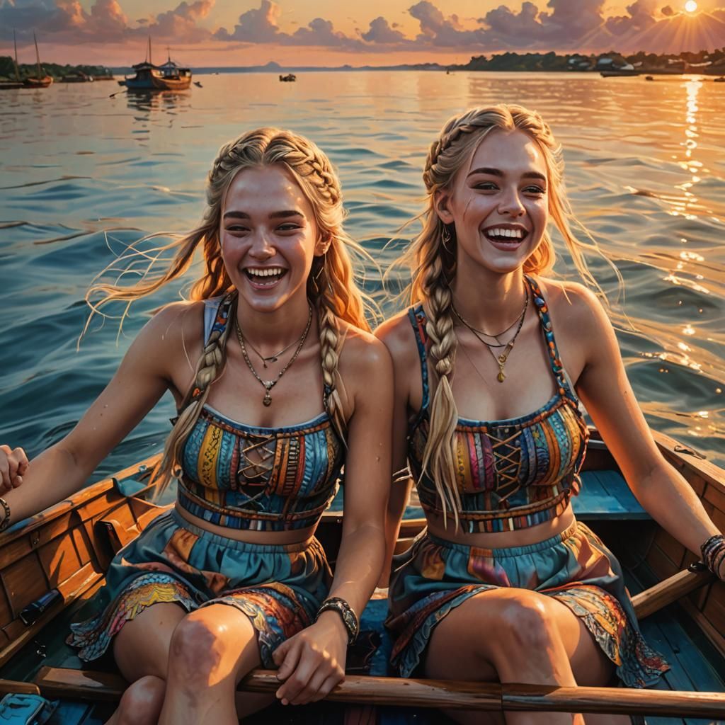 Twins in a Boat at Sunset: Hyperrealistic Splash Art