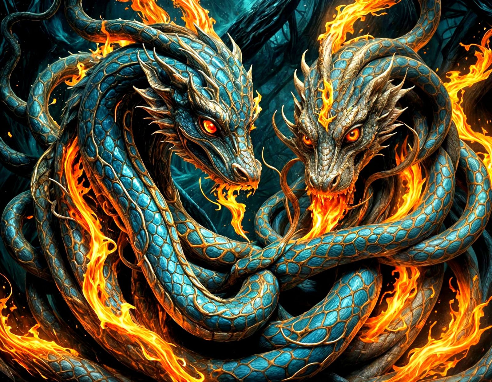 Entwined Serpents: A Surreal Fairytale Illustration