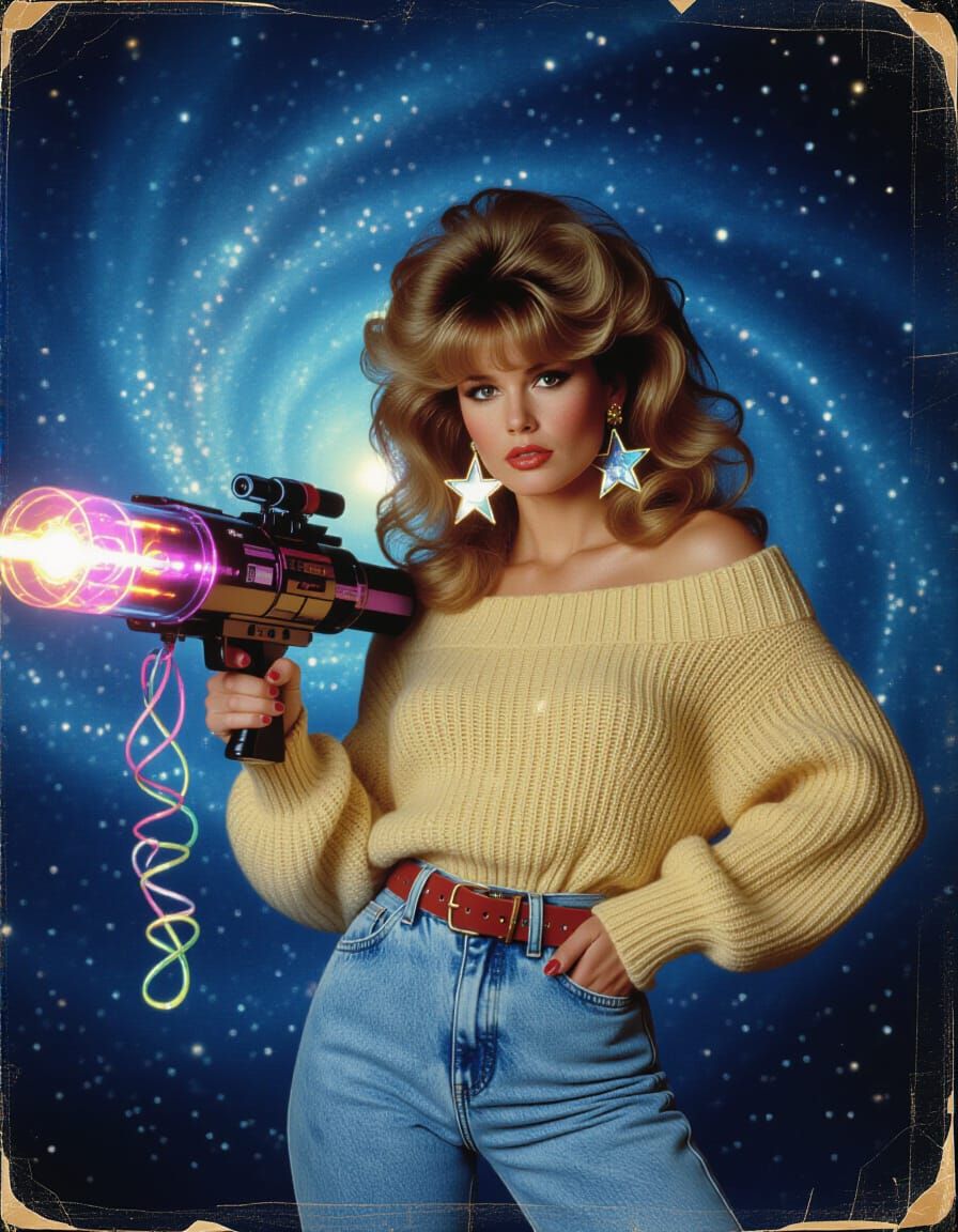 Retro 80s Galaxy Girl with Sci-Fi Blaster