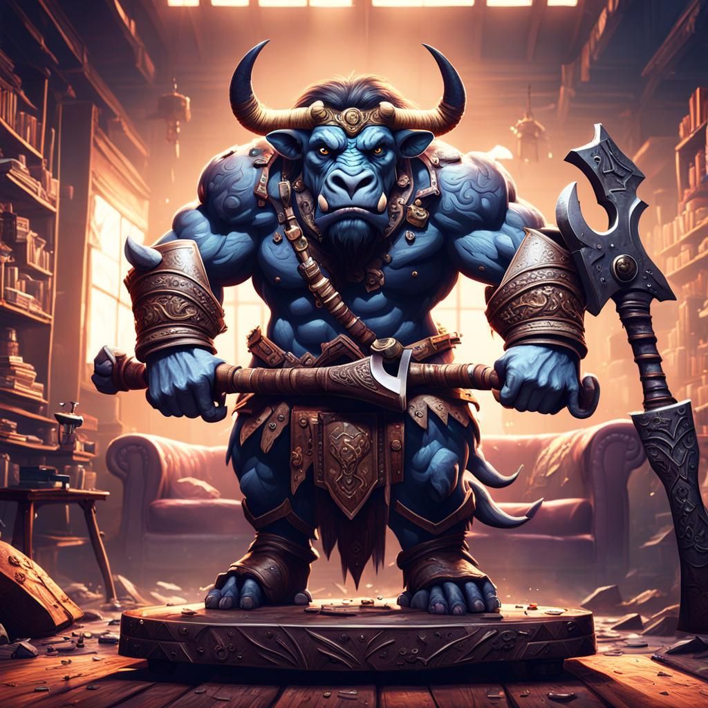 Baby Minotaur with Axe, Fantasy Concept Art