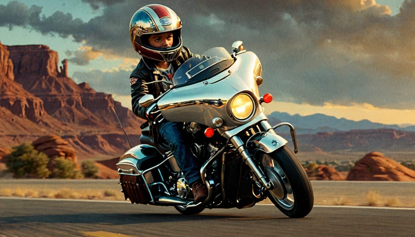 Miniature Biker on Toy Motorcycle, Hyperrealistic Concept Ar...