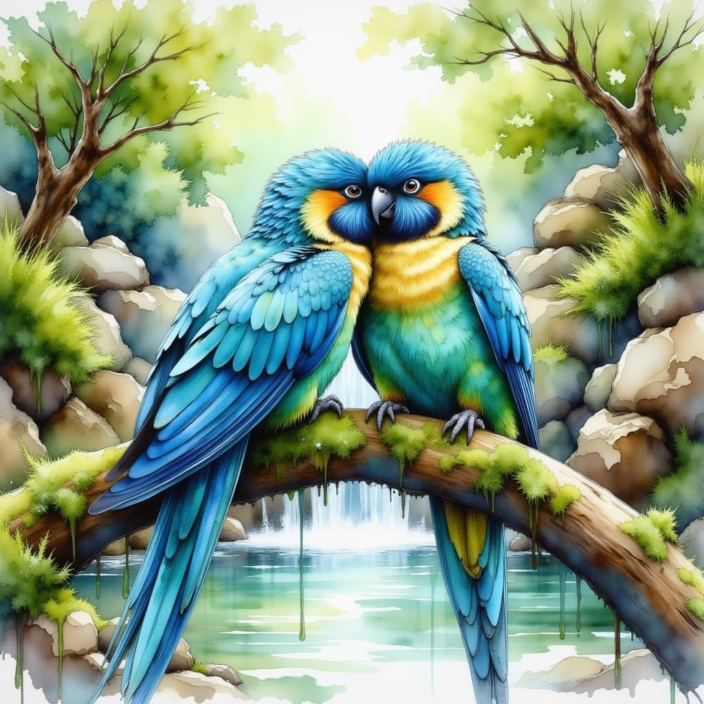 Blue Macaws Cuddling, Whimsical Watercolor Painting