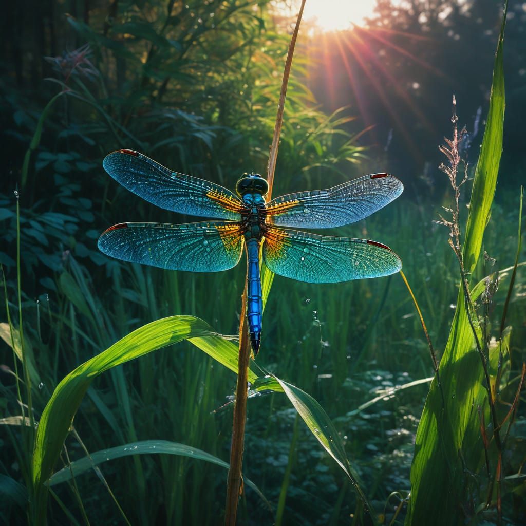 Jewel-Toned Dragonfly in Hyper-Realistic Style