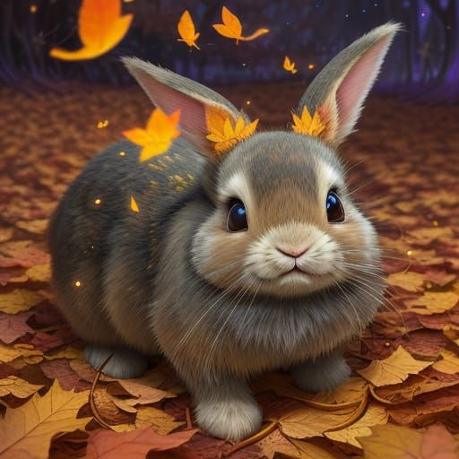 Cute Bunny Emerges from Autumn Leaves with Fireflies