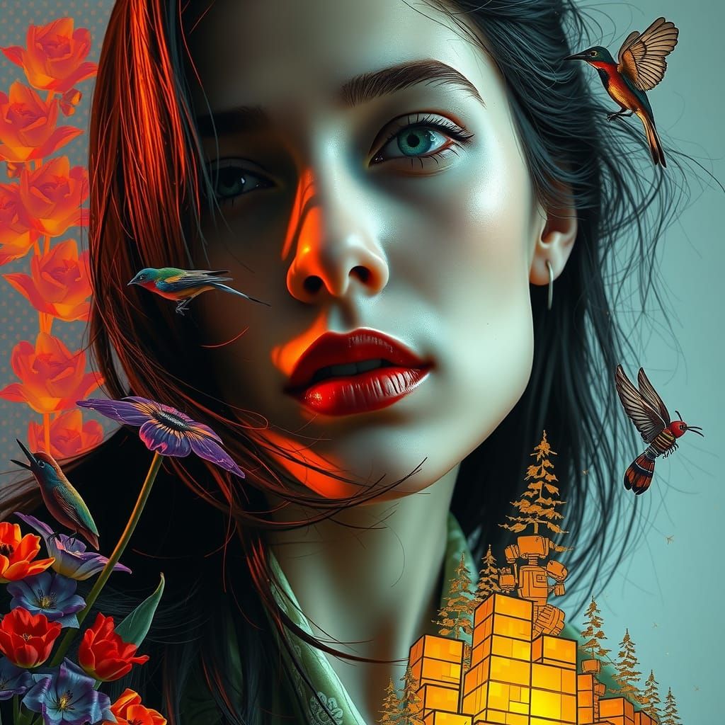 Surreal Bio-Art Collage with Woman in Klimt Style