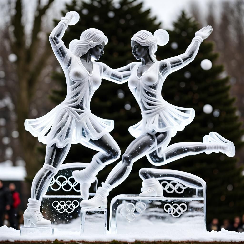 two ice sculptures, Olympic ice dancers, wintery detailed