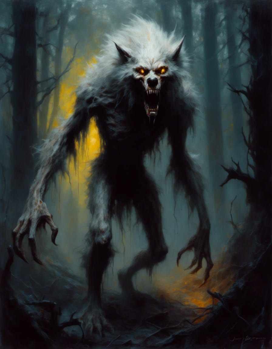 Scary Albino Werewolf Howling in Foggy Forest