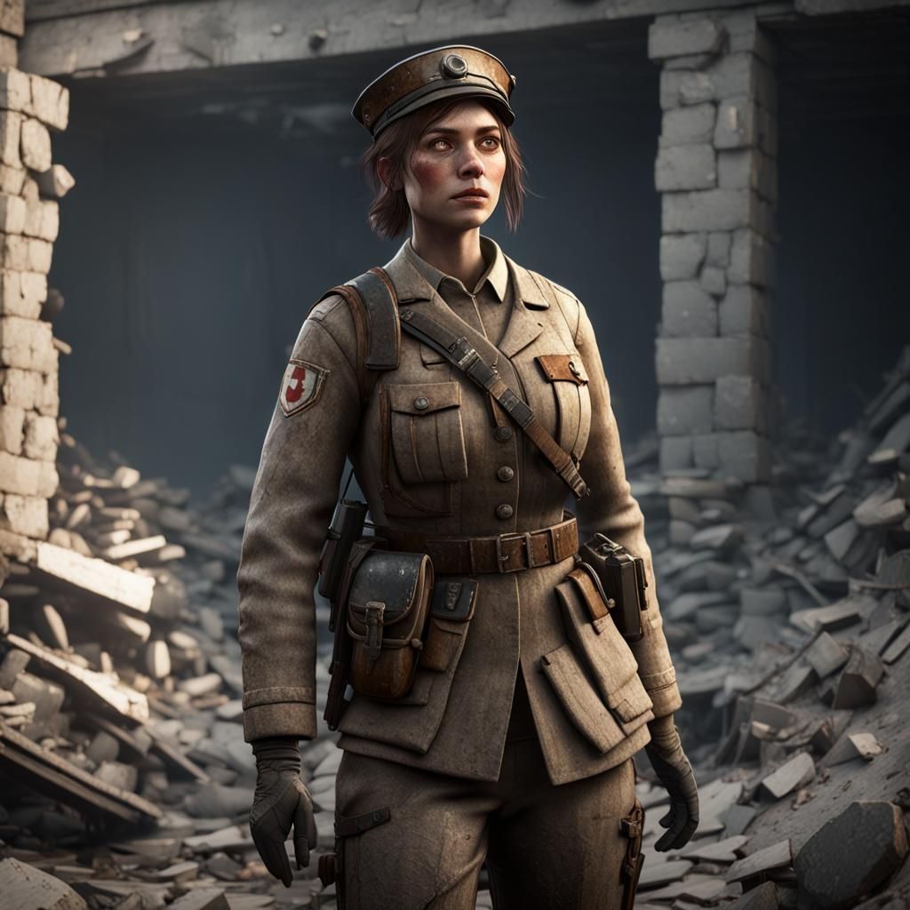 WWI Female Medic in Ruins: 3D Game Cinematic