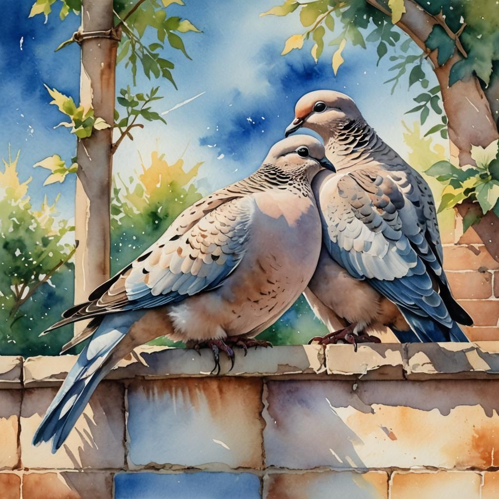 Turtledoves Preening in Morning Sunlight: Watercolor