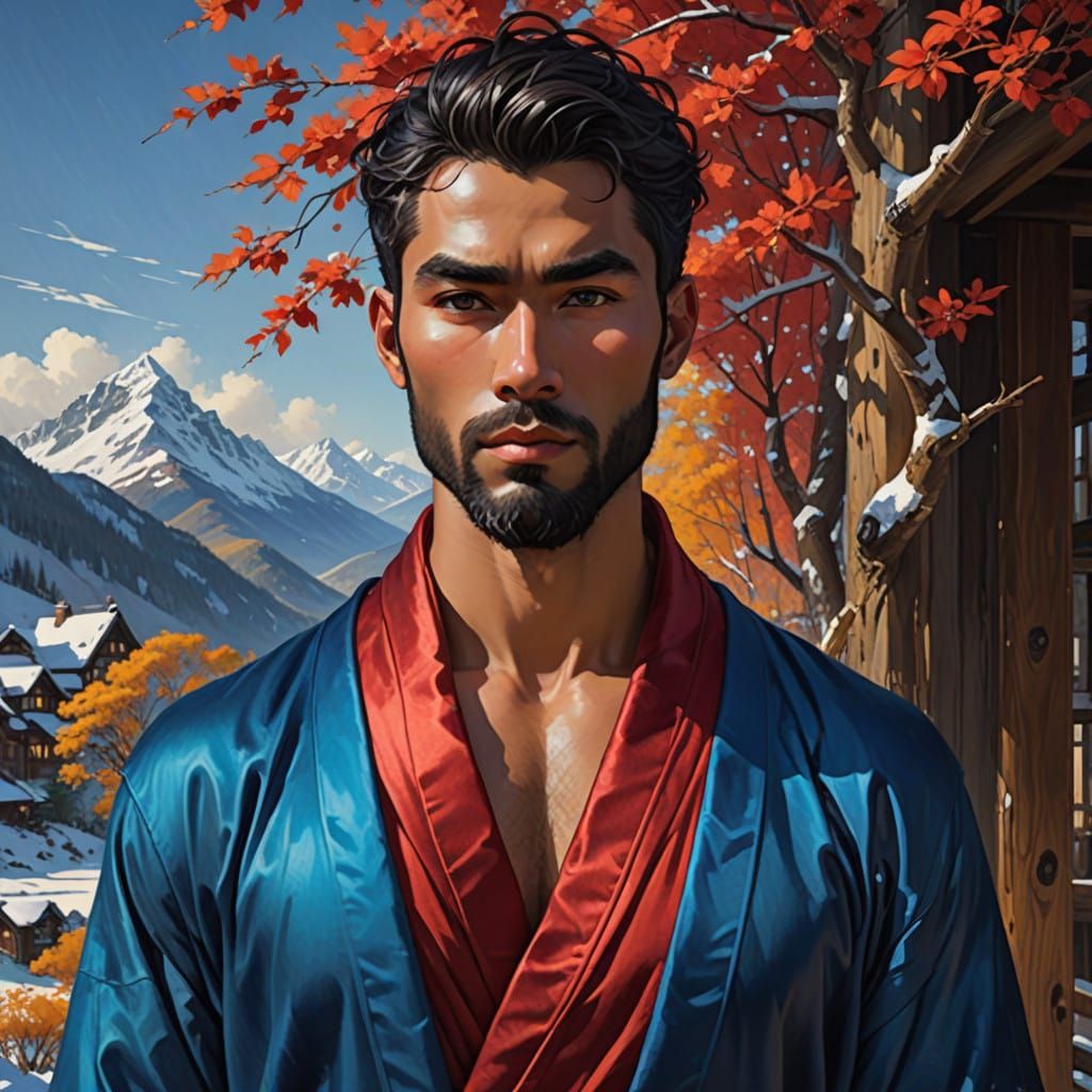 Majestic Young Man in Velvet Robe Against Snowy Mountains