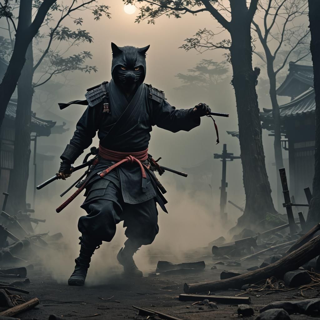 Ninja Cat in Decayed Edo Japan in Dark Fantasy