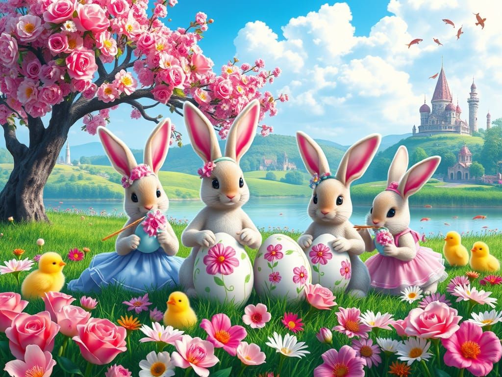 Easter Bunnies Painting Eggs in Surreal Flower Field