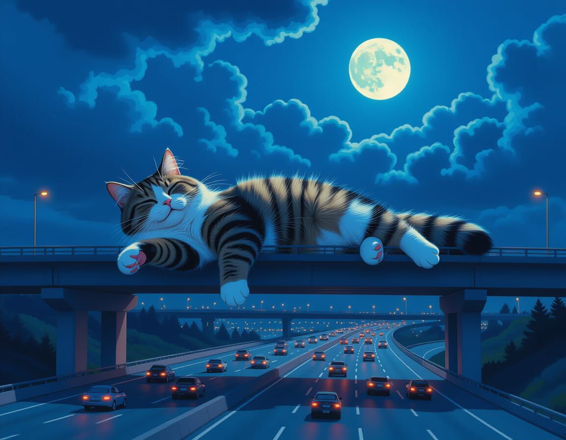 Gigantic Cat Waving From Highway Bridge