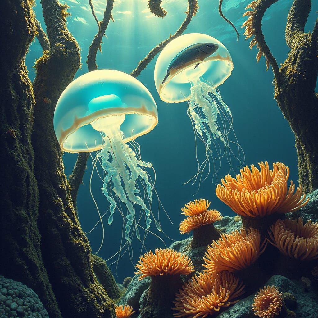 Glowing Jellyfish and Bioluminescent Fish in Pop Art