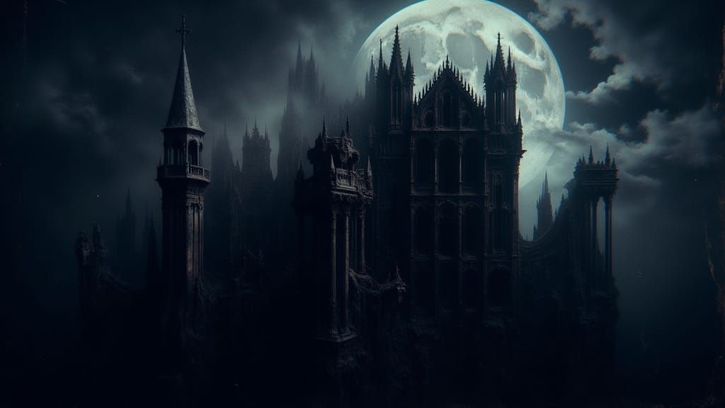 Gothic Castle in Moonlight with Fiery Structures