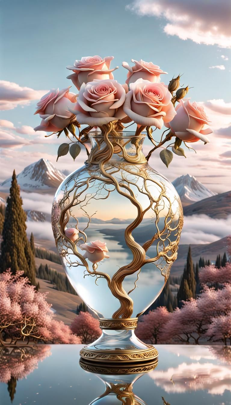 A beautiful clear glass vase with flowers and surrounded by life.