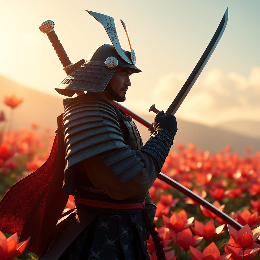 Samurai Warrior in Origami Flower Field, Concept Art