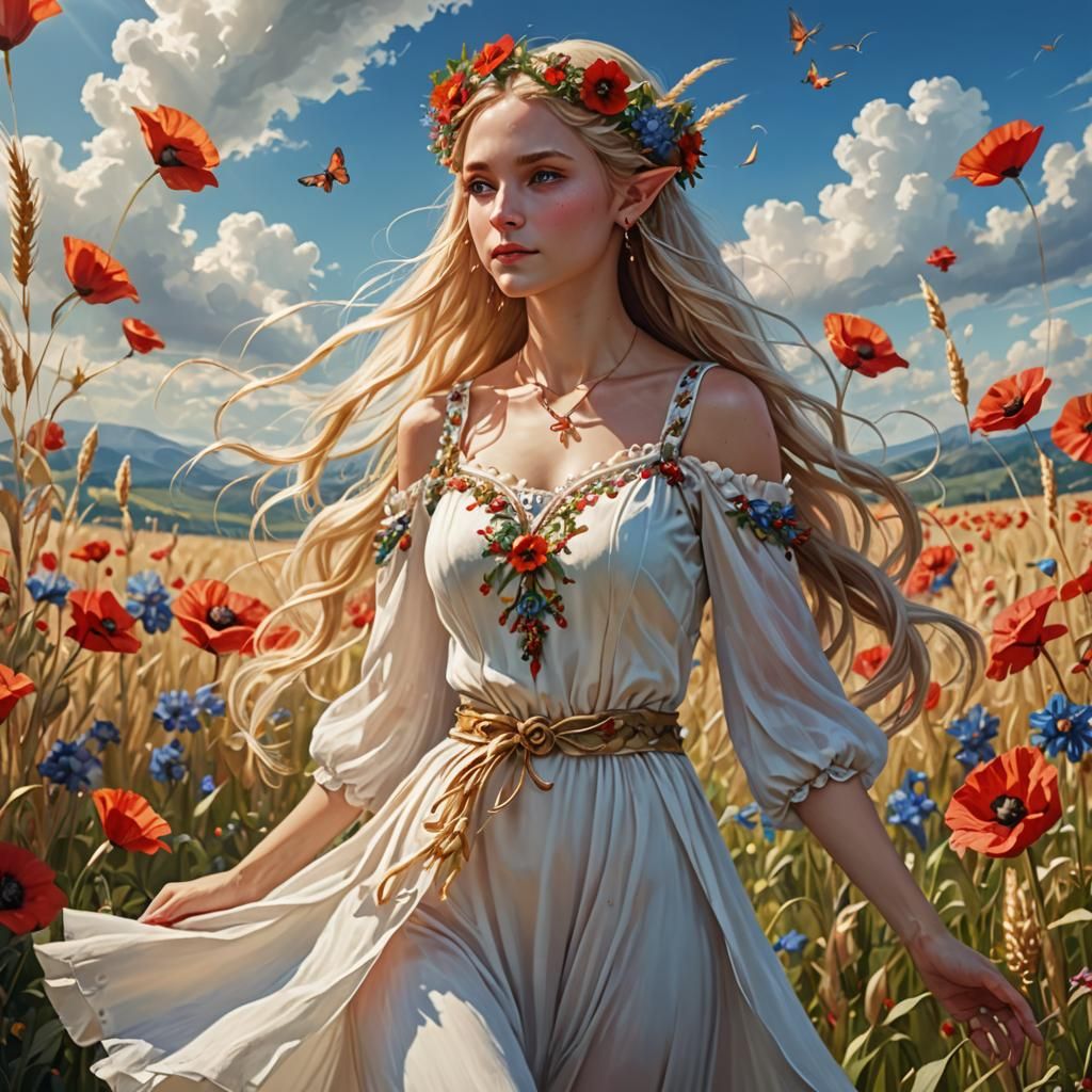 Elf Woman Dancing in Summer Meadow