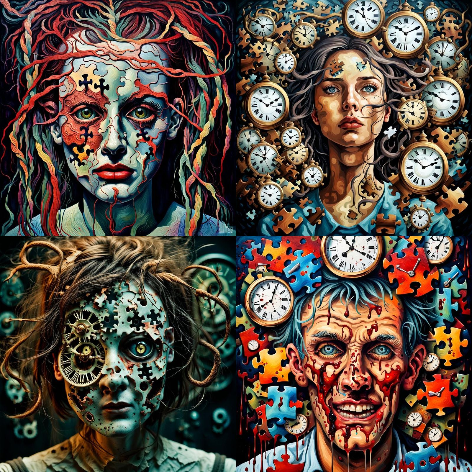 Creepy Puzzle Face with Time Clocks: Surreal AI Art