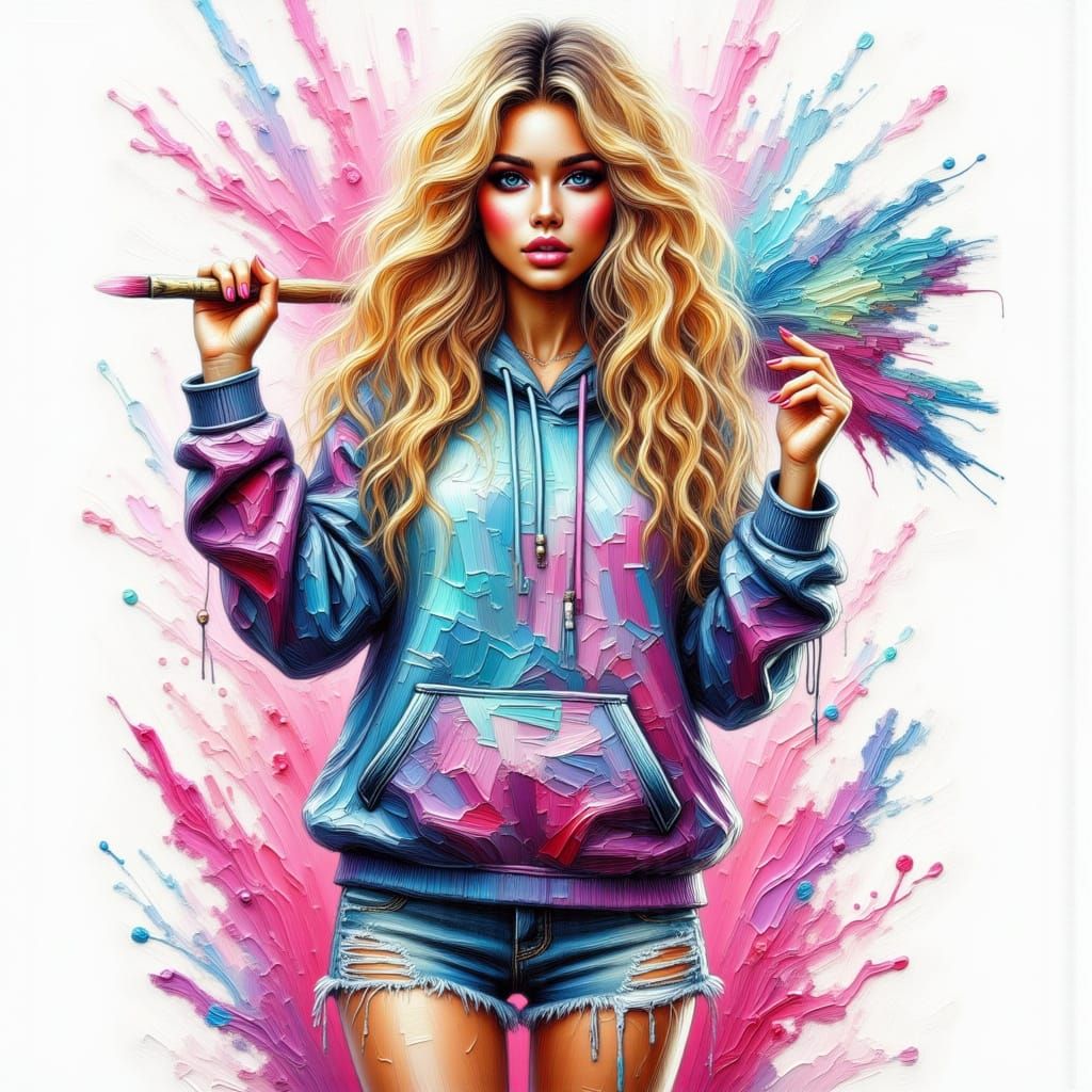 Woman with Brush in Impasto Expressionist Style