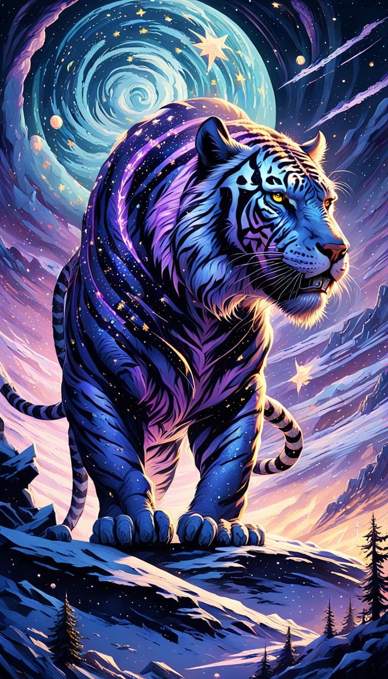 War Tiger Gazing at Jupiter Stars, Dark Fantasy Art