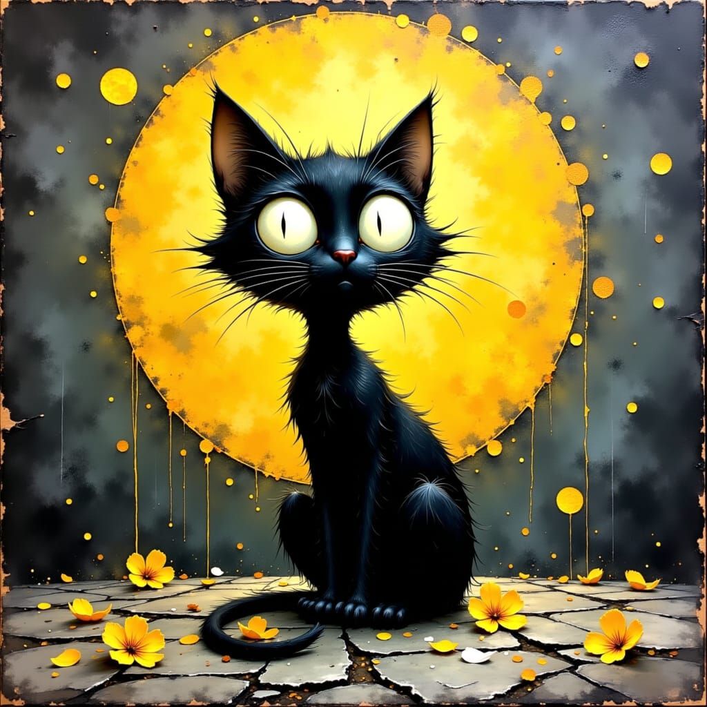 Cartoon Black Cat Under Moon in Van Gogh Style