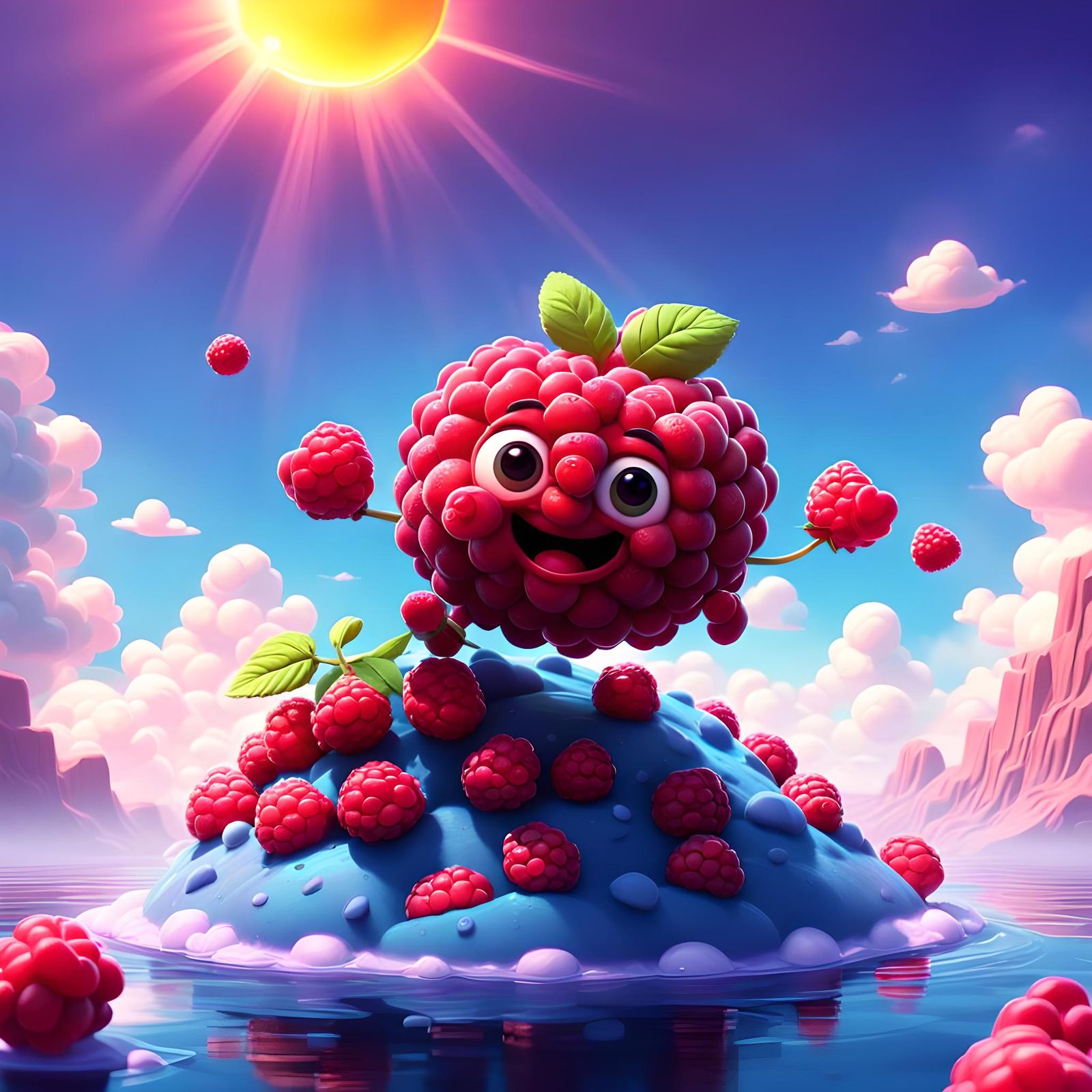 Cute Raspberry Floating in Sky: Pixar-style 3D Art