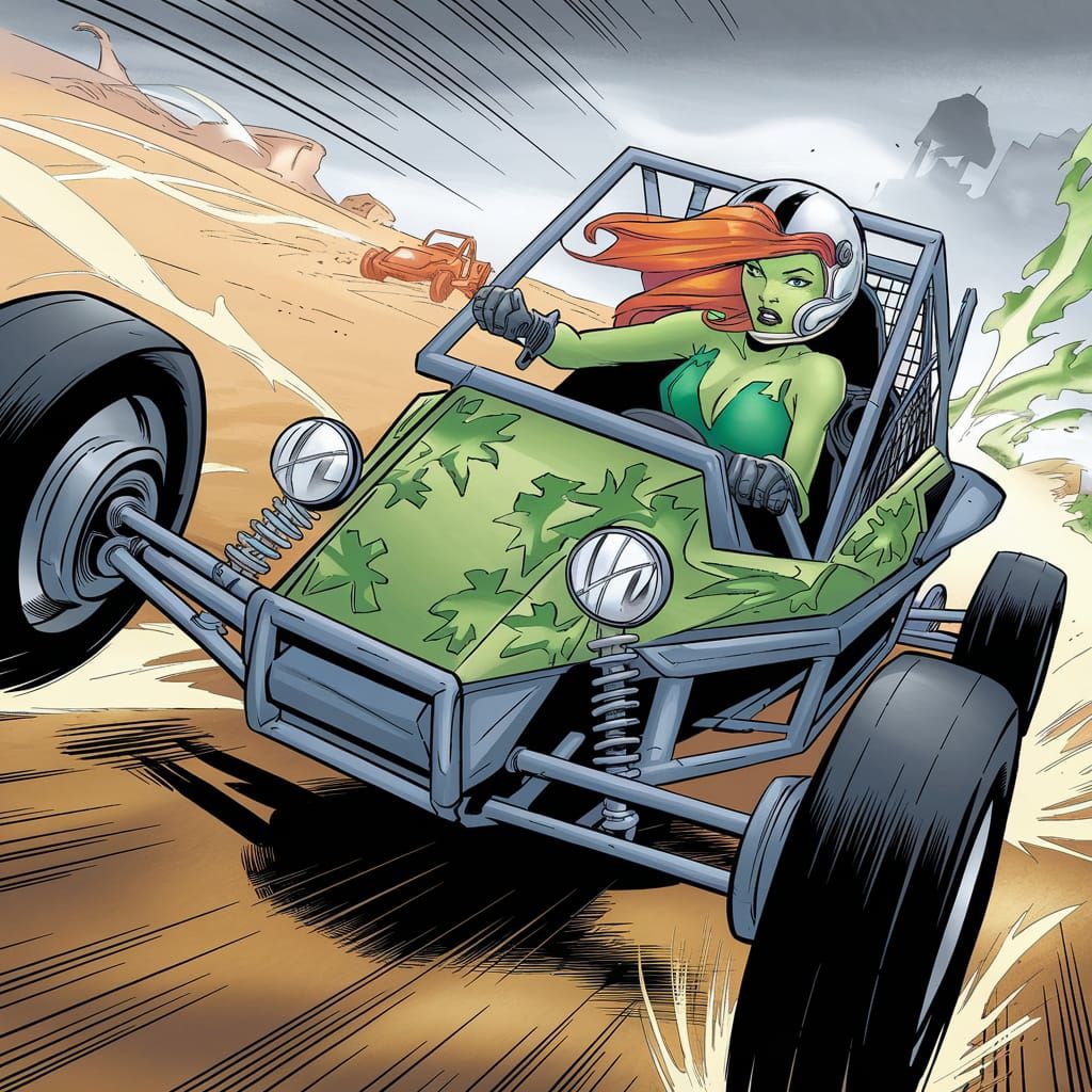 Poison Ivy Drives a Dune Buggy in Comic Race