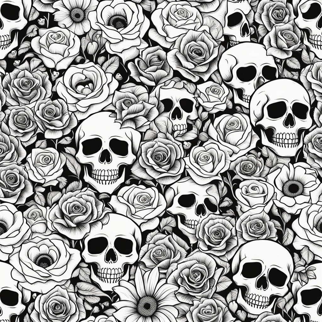 Surreal Rose Field with Hearts, Skulls, Sunflowers