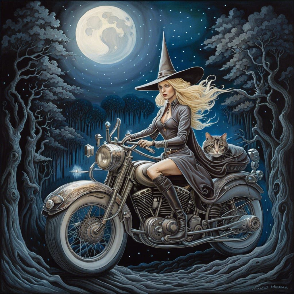 Modern witch on her motorcycle