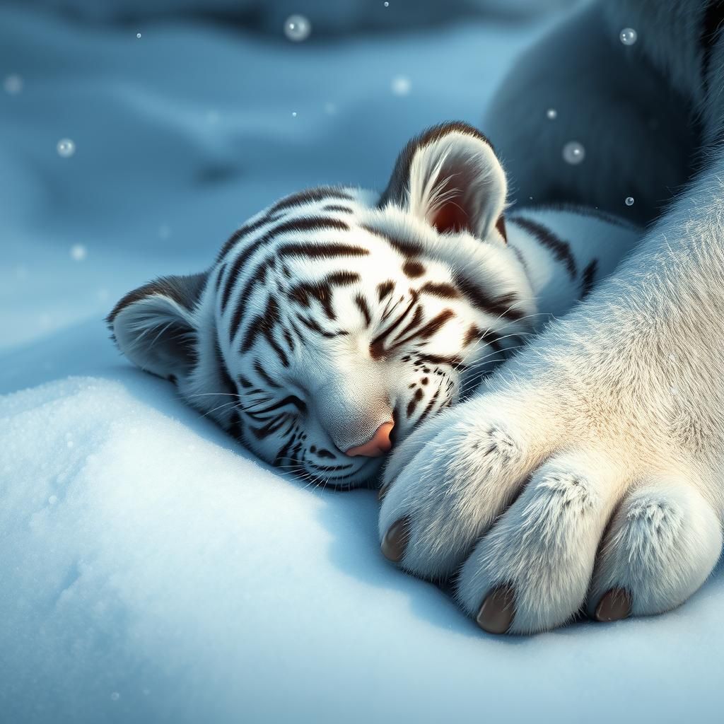 White Tiger Cub Asleep in Snow, Digital Art