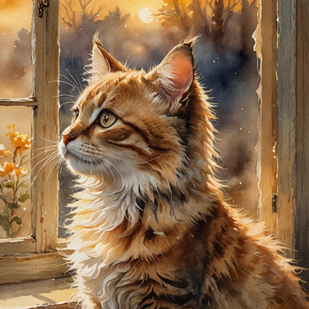 Fluffy Kitten in Moonlight: Watercolor Portrait