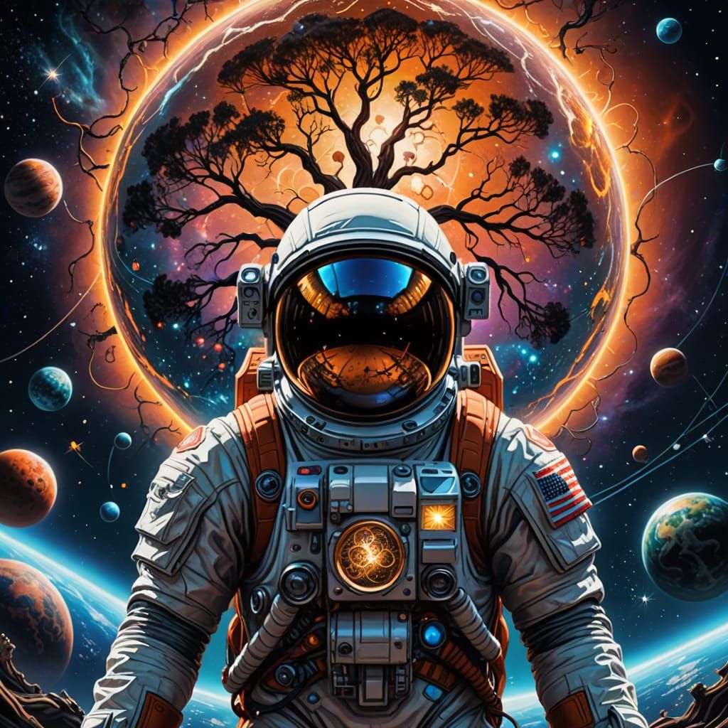 Astronaut Holding Earth with Tree of Life in Sci-Fi Art