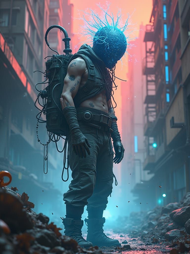 Dystopian Cyberpunk Figure Connecting to Urban Machinery