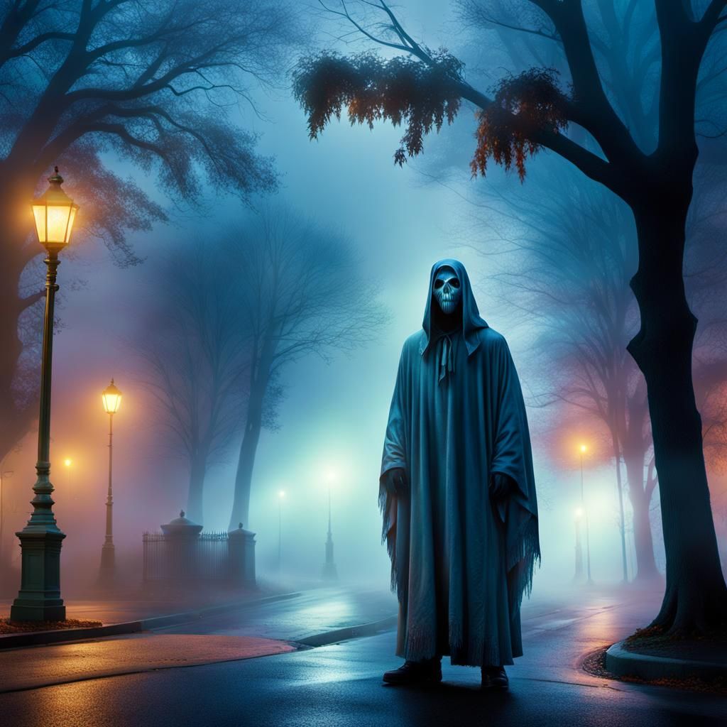 Ghost Haunting Foggy Street Corner in Hyperrealistic Style