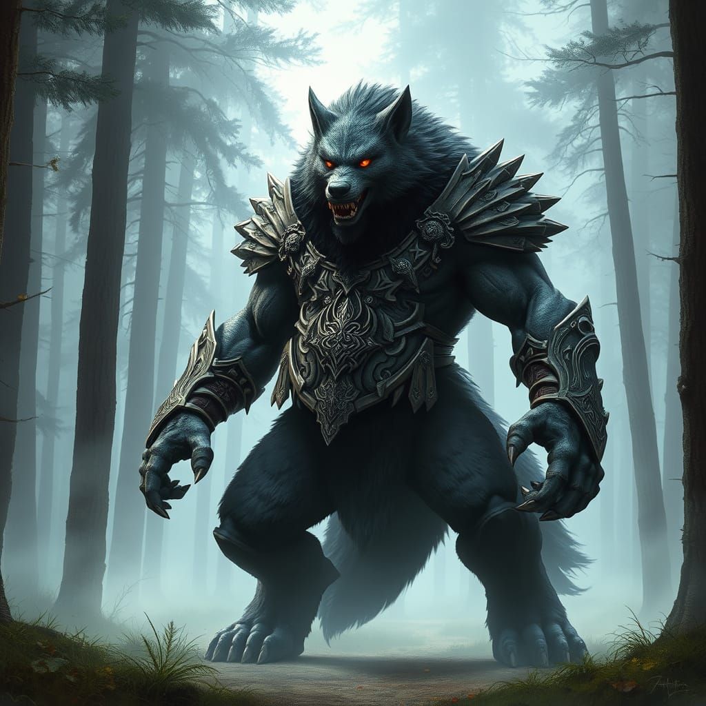 Mystical Armored Wolf Creature in Misty Forest