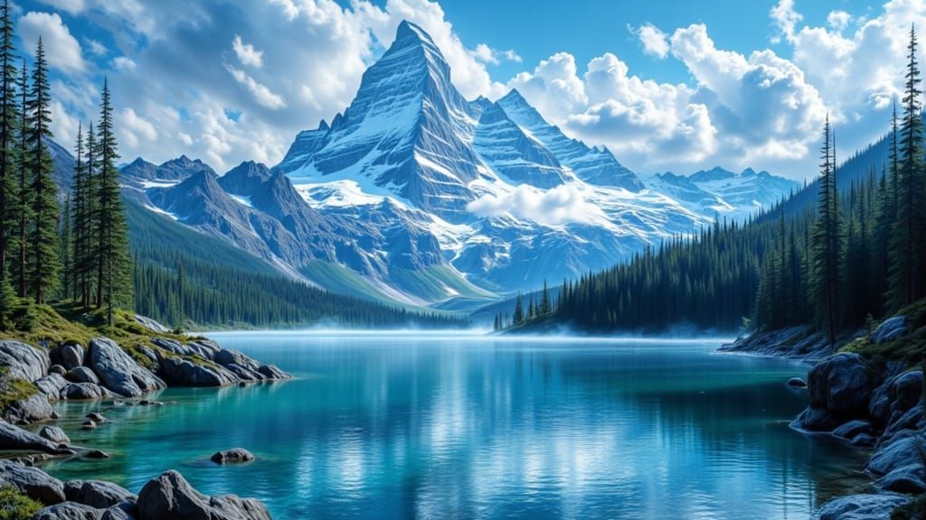 Snowy Mountain Reflected in Lake, Impressionist Style