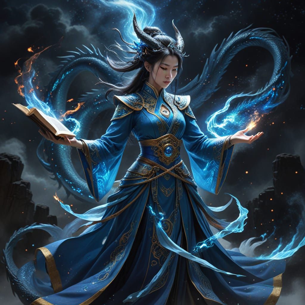 Mysterious dragon priestess summoning cosmic power on a wuxi...