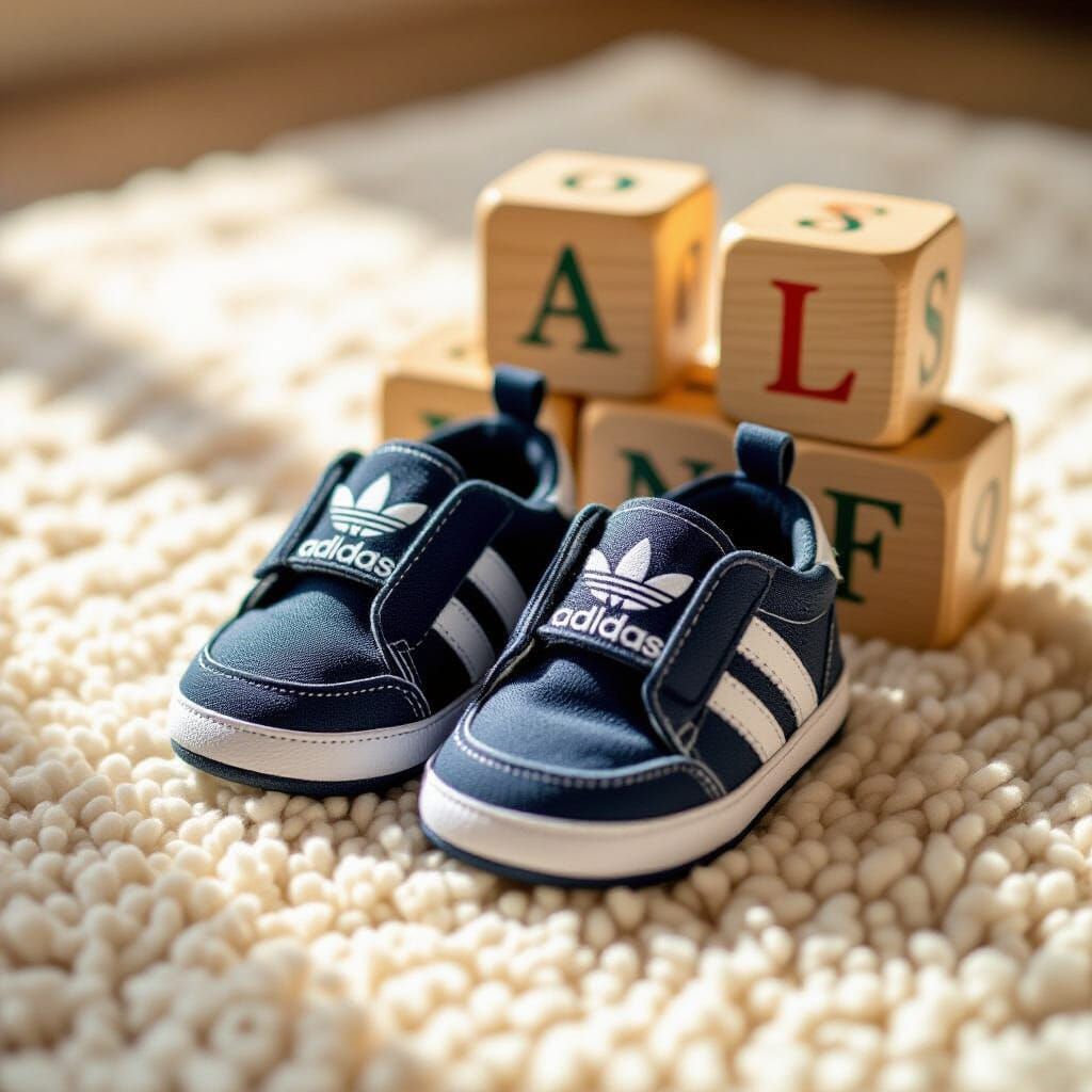 Tiny Branded Baby Shoes on Plush Rug with Blocks
