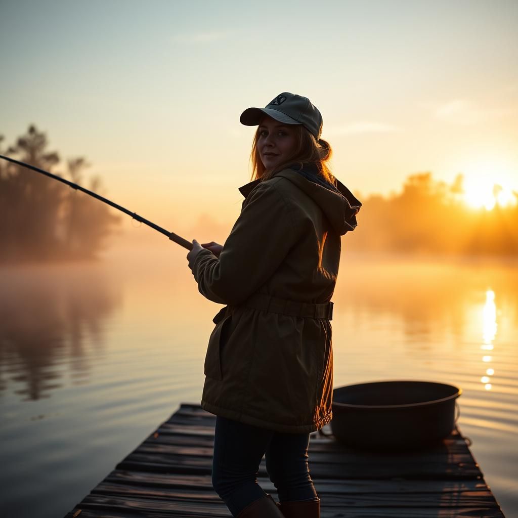 Girl Fishing at Dawn: Cinematic Realism