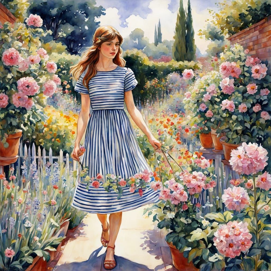 Girl in Whimsical Garden Scene with Watercolor Accents