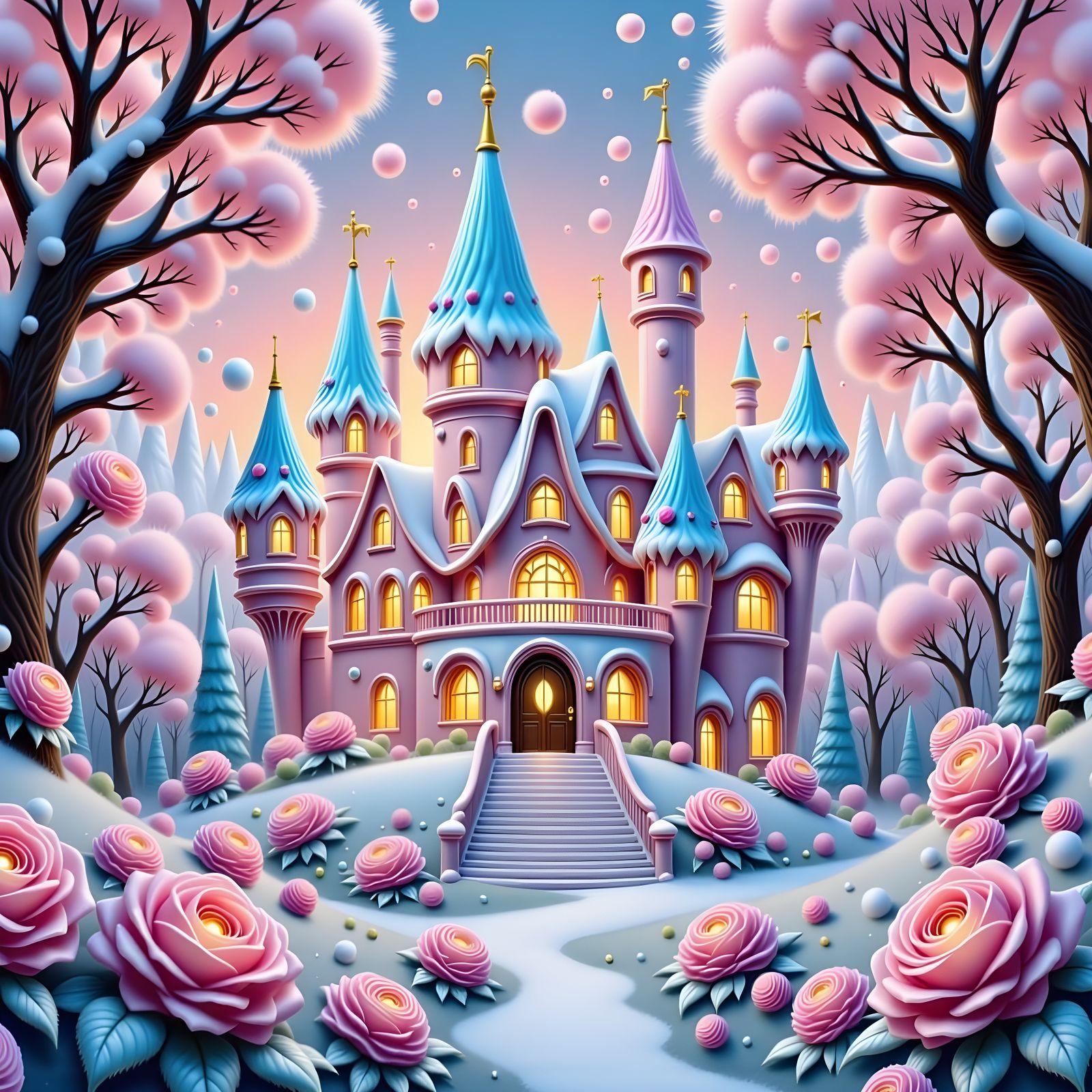 Whimsical Fairytale Castle in Winter Sunset