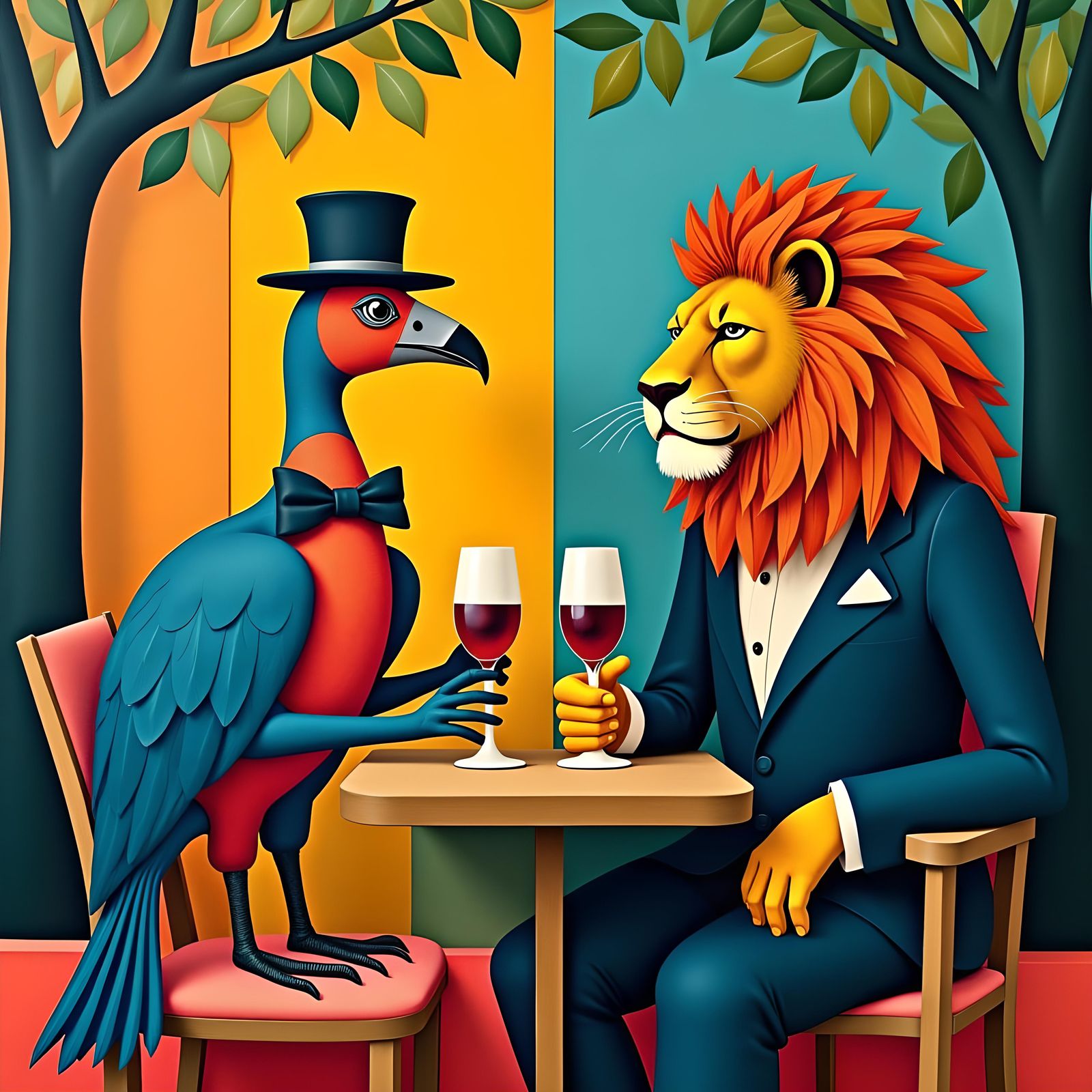 Dodo and Lion Wine in Cubist Style