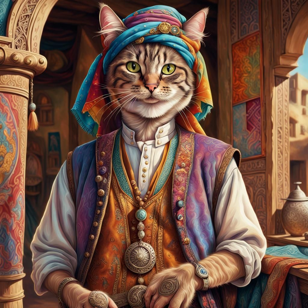 Cat-Human Merchant with Tapestry: Hyperrealistic Concept Art